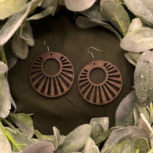 Tribal style, laser-cut, dark wood drop earrings.